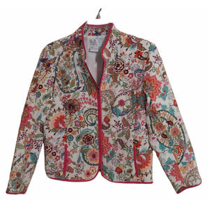 VINTAGE SILK CLUB WOMENS FLORAL ALL OVER PRINT JACKET 100% SILK SHELL SIZE LARGE